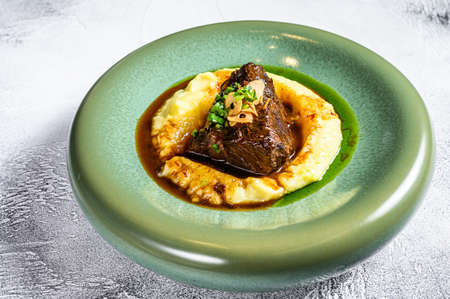 Beef tenderloin steak with mashed potatoes. White background. Top view.の写真素材