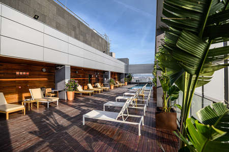 Swimming pool on roof top with beautiful city view. Premium hotel. 03.01.2020 Barcelona, Spain.のeditorial素材