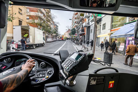 View of the city from the bus, the historical center of the city. 03.01.2020 Barcelona, Spain.