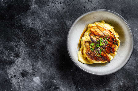 Japanese eel grilled with rice or Unagi don. Black background. Top view. Copy space.の写真素材