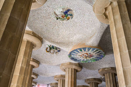 Mosaic in the park Guel. Detail of the bench, designed by Antonio GaudÃ¬. 03.01.2020 Barcelona, Spain.のeditorial素材