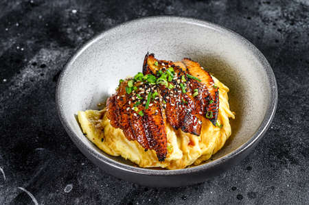 Japanese eel grilled with rice or Unagi don. Black background. Top view.の写真素材