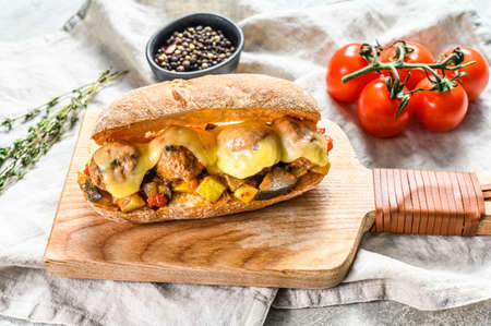 Submarine sandwich with meatballs. Gray background. Top viewの写真素材