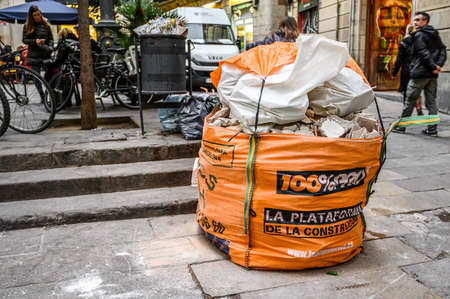 Repair of communications and road surface in the historical center of the city. 03.01.2020 Barcelona, Spain.のeditorial素材