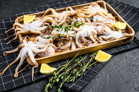 Raw baby octopus with thyme and lemon. Organic seafood. Black background. Top view.の写真素材