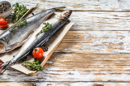 Salted Dutch herring on paper with spices. White background. Top view. Copy space.の写真素材