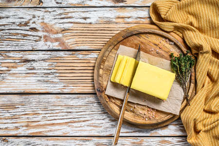 Farm Butter, organic dairy products. White wooden background.Top view. Copy space.の写真素材