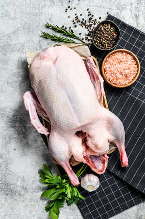 Whole raw duck. Recipe for cooking with pink salt, garlic, parsley and rosemary. Gray background. Top view.の写真素材