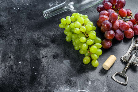 A branch of green and red grapes, a bottle, a corkscrew, and a cork. Concept of wine-making. Black background. Top view. Copy space.の写真素材
