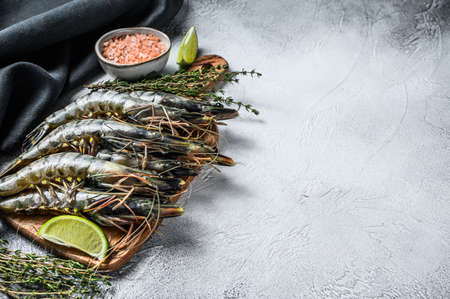 Black raw tiger prawns, shrimps on a cutting board. Gray background. Top view. Copy space.の写真素材