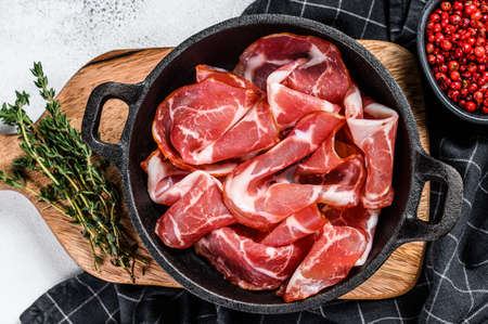 Coppa, Capocollo, Capicollo meat popular italian antipasto food. White background. Top view.の写真素材