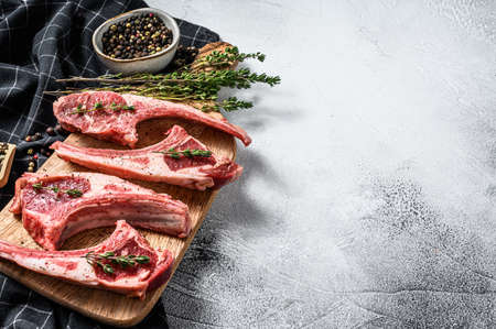 Raw fresh lamb ribs and spicy herbs. White background. Top view. Copy space.の写真素材