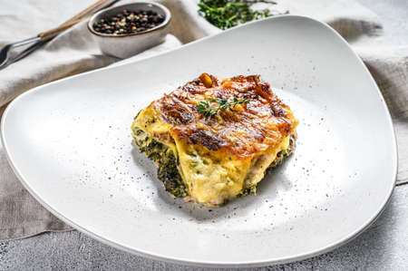 Delicious baked lasagna, Italian traditional cuisine. White background. Top view.の写真素材