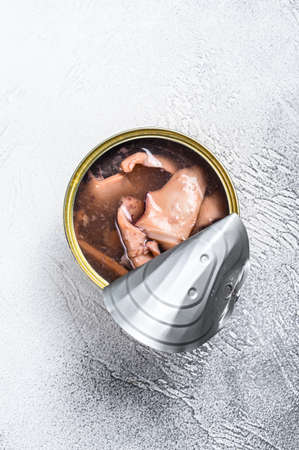 Assorted canned squid. Gray wooden background. Top view. Copy space.の写真素材