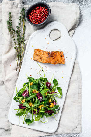 Trout steak with arugula, lettuce and cranberries. Gray background. Top view.の写真素材