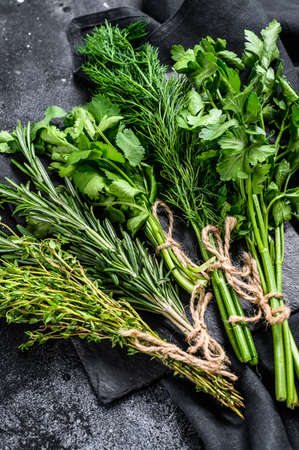 Organic fresh herbs coriander, rosemary, thyme, dill, parsley. Black background. Top view.の写真素材
