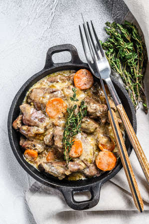 Stroganoff chicken liver with mushrooms and cream. White background. Top view.の写真素材
