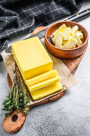 Farm Butter, organic dairy products. Gray background.Top view.の写真素材