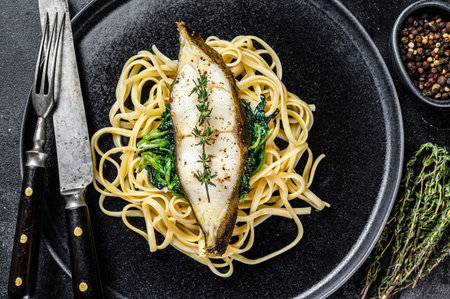 Baked Halibut fish steak and Spaghetti pasta with spinach. Black background. Top view.の写真素材