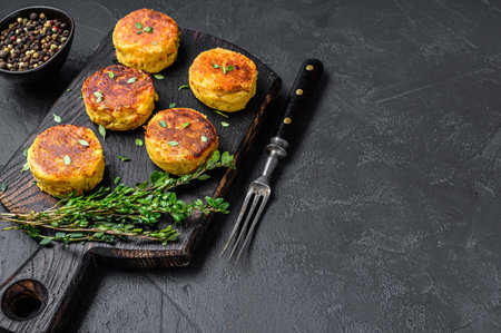 Vegetarian vegan burgers patty with vegetables and herbs. Black background. Top view. Copy space.の写真素材