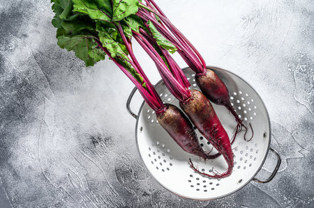 Washed organic purple beets in a colander. Gray background. Top view.の写真素材