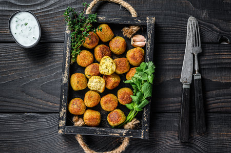 Roasted chickpeas falafel balls with garlic yogurt sauce in a wooden tray. Black wooden background. Top view.の写真素材