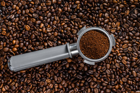 Ground Coffee in Portafilter for Espresso with coffee beans. White background. Top viewの写真素材
