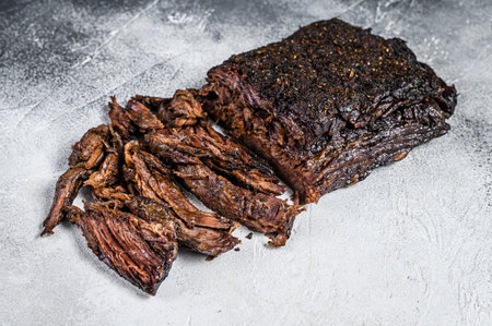 Smoked bbq Beef Brisket meat steak. White background. Top viewの写真素材