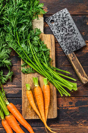 Orange organic carrot with the tops cut off. Dark background. Top viewの写真素材
