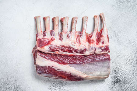 Raw fresh rack of lamb meat. White background. Top viewの写真素材
