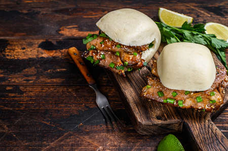 Chinese sandwich steamed gua bao buns with pork. Black background. Top view. Copy spaceの写真素材