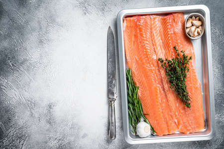 Raw uncooked sea salmon fillet fish in a kitchen tray with herbs. White background. Top view. Copy spaceの写真素材