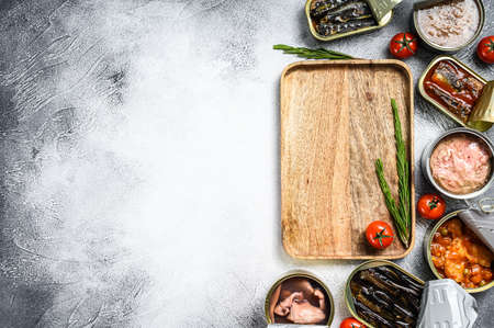 Seafood snacks - canned sardines, mussels, octopus, salmon and tuna. Gray background. Top view. Copy spaceの写真素材