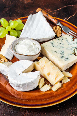 Cheese plate with Brie, Camembert, Roquefort, blue cream cheese, grape and nuts. Dark background. Top viewの写真素材