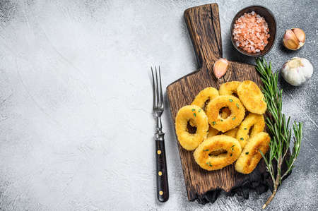Deep fried crispy squid and onion rings breaded. White background. Top view. Copy spaceの写真素材