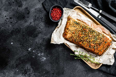 Hot smoked salmon fillet. trout. Black background, top view, space for textの写真素材