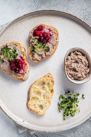 Toasts with chicken rillettes pate on white bread with sprouts. White background. Top Viewの写真素材
