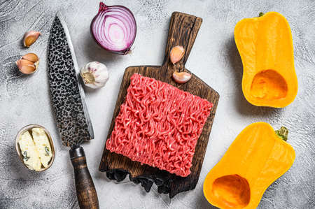 Raw mince meat, pumpkin with garlic and onion. White background. Top view. Copy spaceの写真素材
