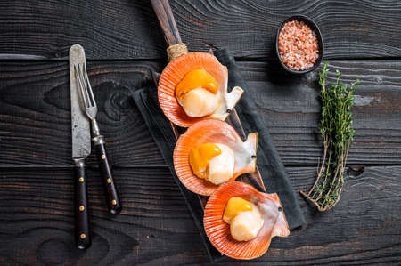 Scallops raw Shellfish on a wooden board with herbs. Black wooden background. Top viewの写真素材