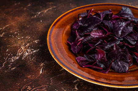 Raw Ruby or red chard salad Leafs on a rustic plate. Dark background. Top view. Copy spaceの写真素材