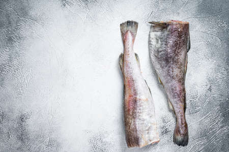 Raw cod whole fish on kitchen table. White background. Top view. Copy spaceの写真素材