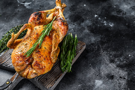 Roast duck stuffed with baked apples, festive christmas recipe. Black background. Top view. Copy spaceの写真素材