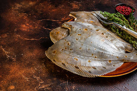Raw flounder or plaice on rustic plate with herbs. Dark background. Top view. Copy space