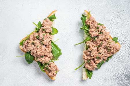 Toast with Canned Tuna fish and arugula. White background. Top viewの写真素材