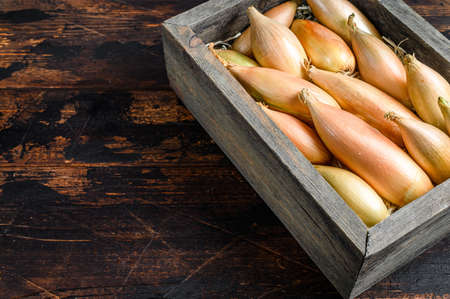 Raw Fresh Shallot onions Bulbs in a wooden market box. Dark Wooden background. Top view. Copy spaceの写真素材
