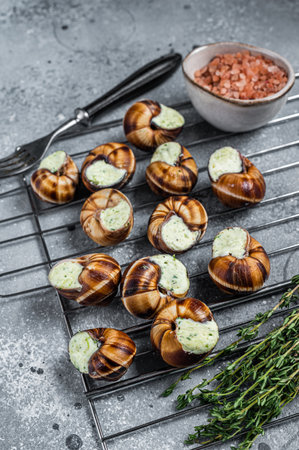 Bourgogne Escargot Snails with garlic butter on a grill. Gray background. Top viewの写真素材