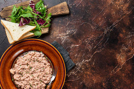 Tuna canned fish with bread and salad. Dark background. top view. Copy space