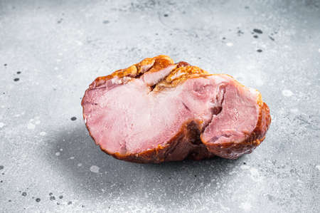 Smoked gammon - pork shoulder meat. Gray background. Top viewの写真素材