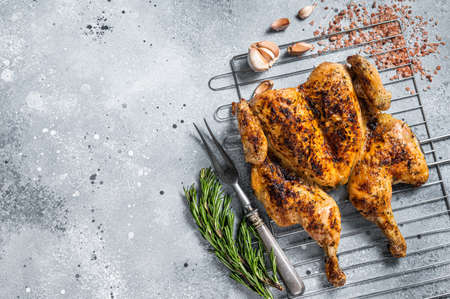 Traditional spatchcocked barbecue chicken on grill. Gray background. Top view. Copy spaceの写真素材