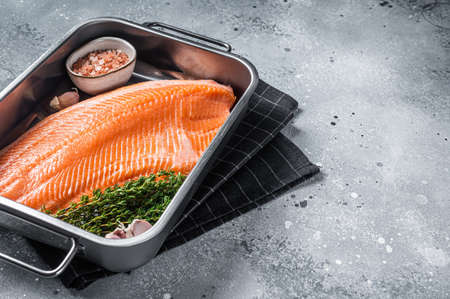 Ready for cooking raw salmon fish fillet with herbs in steel tray. Gray background. Top view. Copy spaceの写真素材